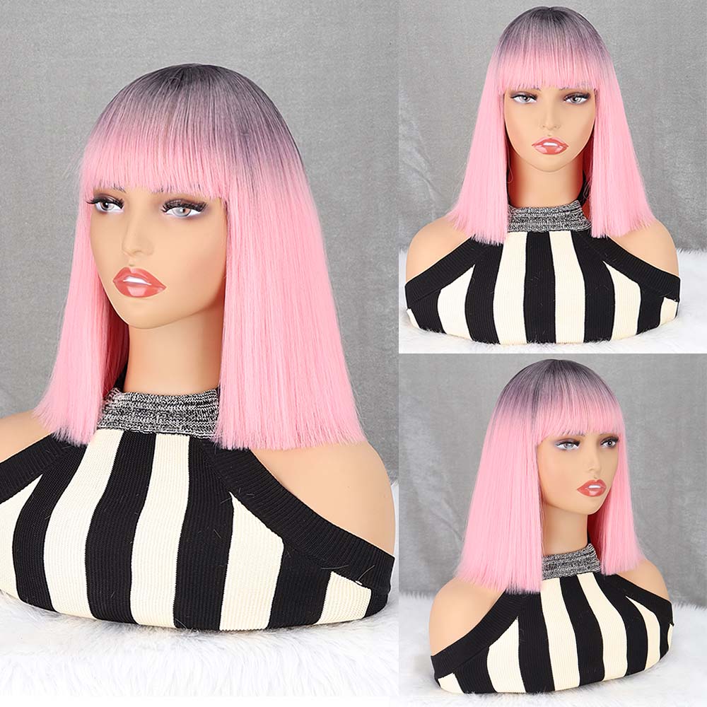 MISS WIG Natural Wine Red Synthetic Fiber Wigs Short Straight Wig with Bangs  Wig Cosplay Daily Use Hair for Wome