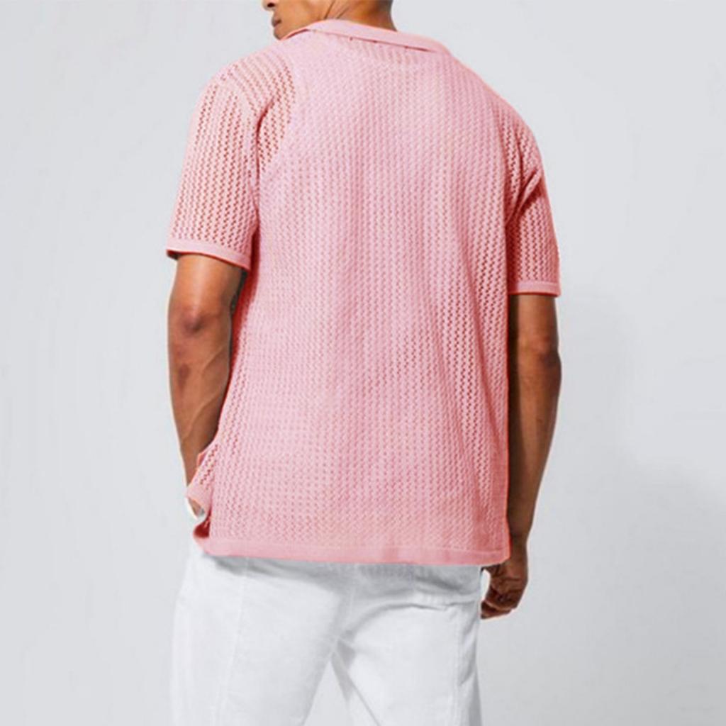 Men's Casual Stylish Knitted Button-down Shirt - Men's -colored Collarless Open-weave Short-sleeved Top