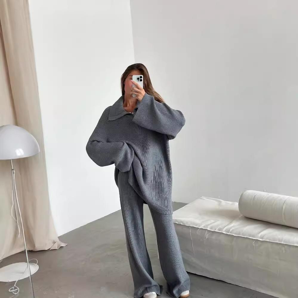 Lockerer und lässiger neuer Pullover mit halbem Reißverschluss und Revers, Herbst- und Winter-Zweiteiler aus Strick-Weitbein-Hose, einfarbiges High-End-Set