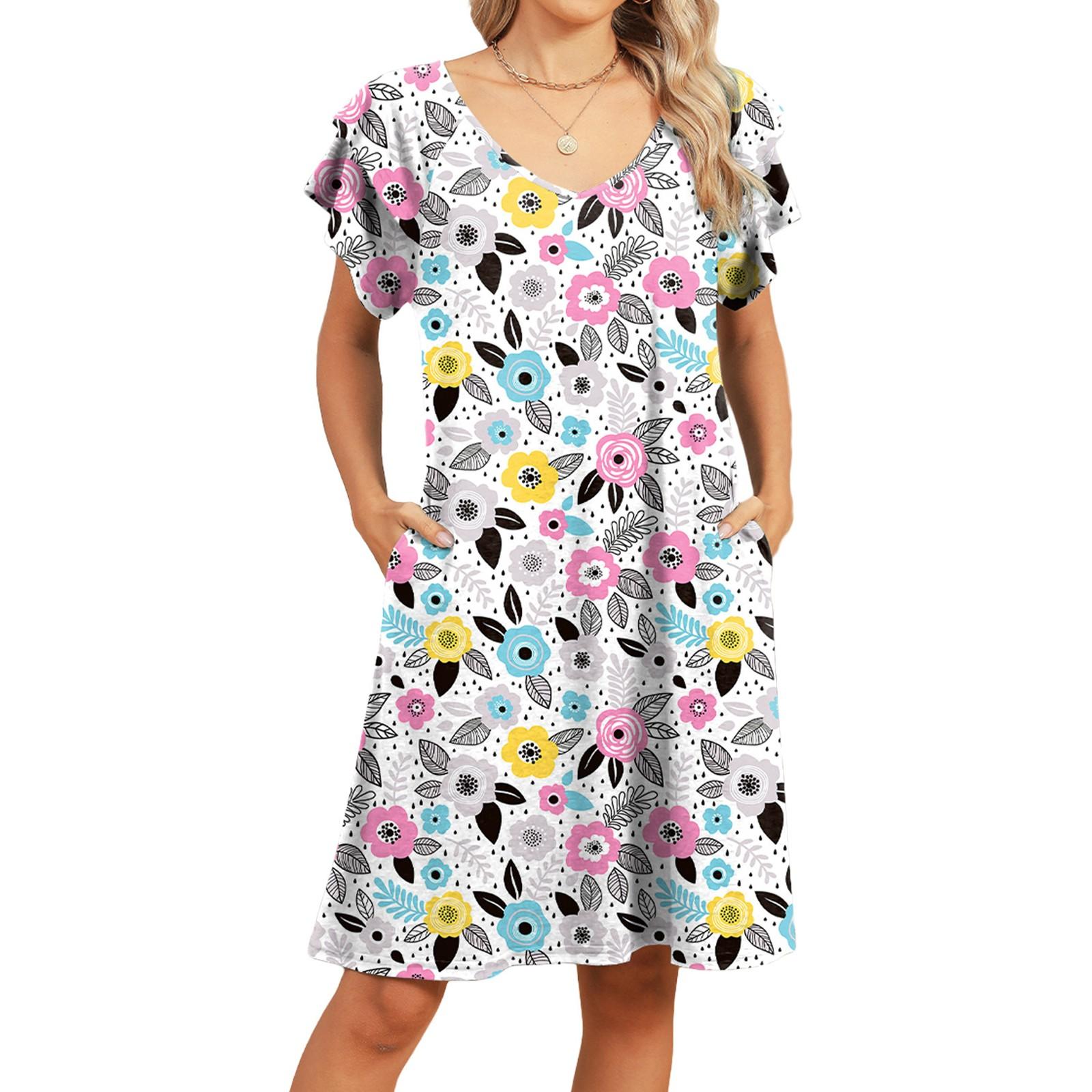 

Женское повседневное модное сексуальное платье с V-образным вырезом, короткими рукавами и цветочным принтом с внутренними карманами M красный