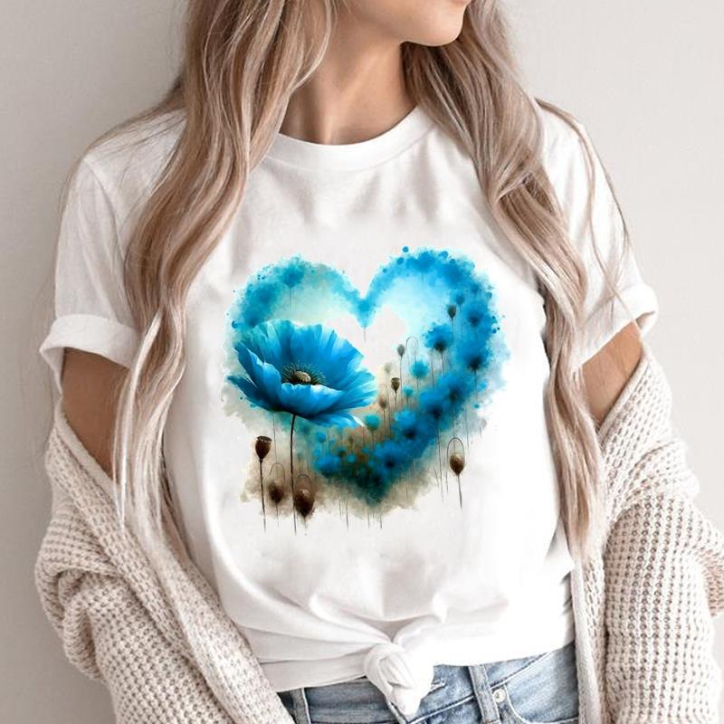 (Asian Size) O-neck Short Sleeve T-shirts Print Casual Top T trend flower style Graphic Tee Fashion Female Women's Clothing