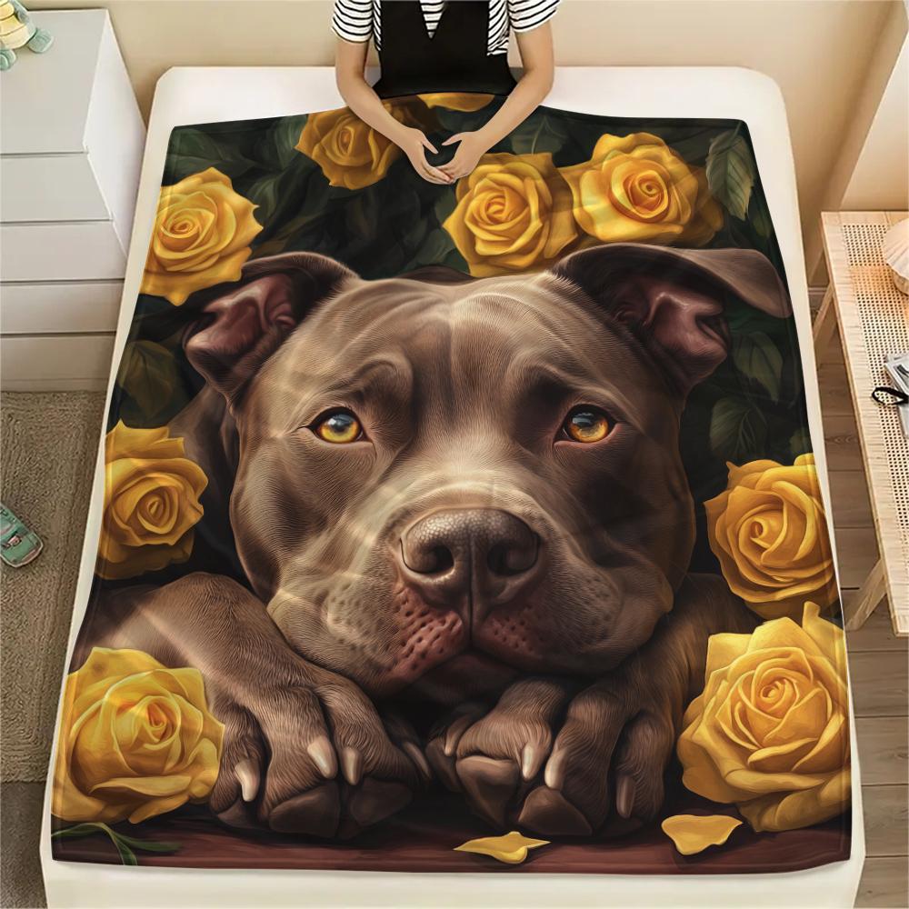 Pitbull a růže, vzor Flanelová deka, Vysoká kvalita, Pohodlná pro všechna roční období, Domácí dekorace, Teplo a pohodlí, Ideální pro dárky.