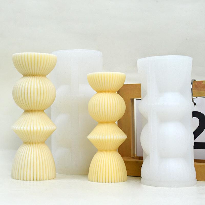 Two Sizes Ribbed Pillar Candle Mold Cylindrical Aesthetic Silicone Mould Geometric Abstract Decorative Striped Soy Wax Mold