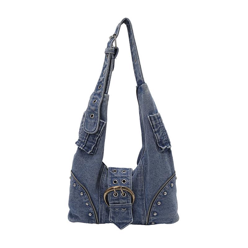 Denim Crossbody-Tasche mit Nieten, ein Schultergurt - Vielseitig, Mehrere Taschen, Große Kapazität Handtasche