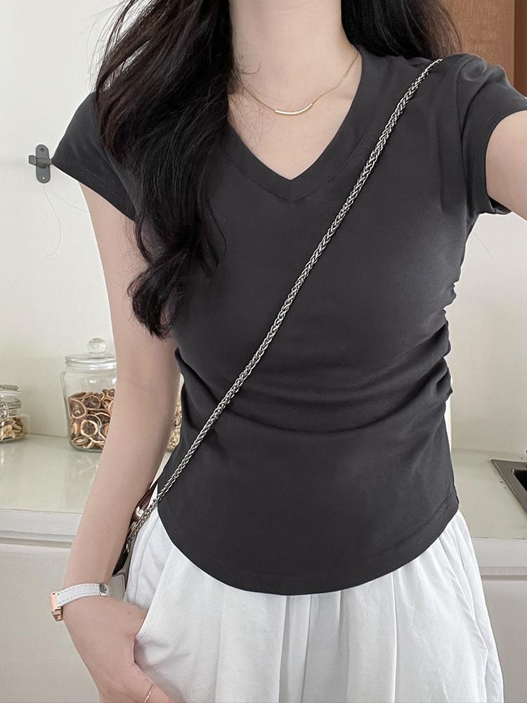 Cotton Short Sleeve T Shirt For Women With Pleated Design And Slim Fit For Casual Wear