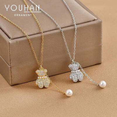 Naszyjnik z cyrkonią w kształcie misia dla kobiet 2023: Choker z frędzlem i perłą