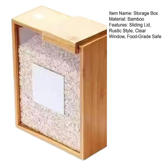 Bambusový dávkovač cereálií s průhledným okénkem, dávkovač potravin s posuvným víkem, nádoba na suché potraviny pro rýži, mouku, těstoviny, snacky, organizace spíže a pracovní desky