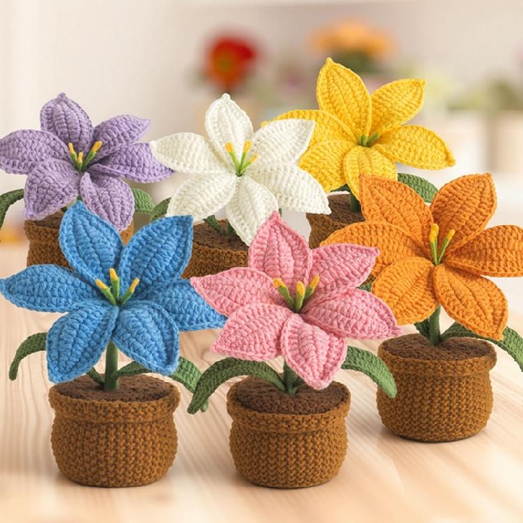 Crocheted Lilies Potted Plant Home Decors Artificial Knitted Flower Pot Ornament for Mother Day Teacher Appreciation Gift