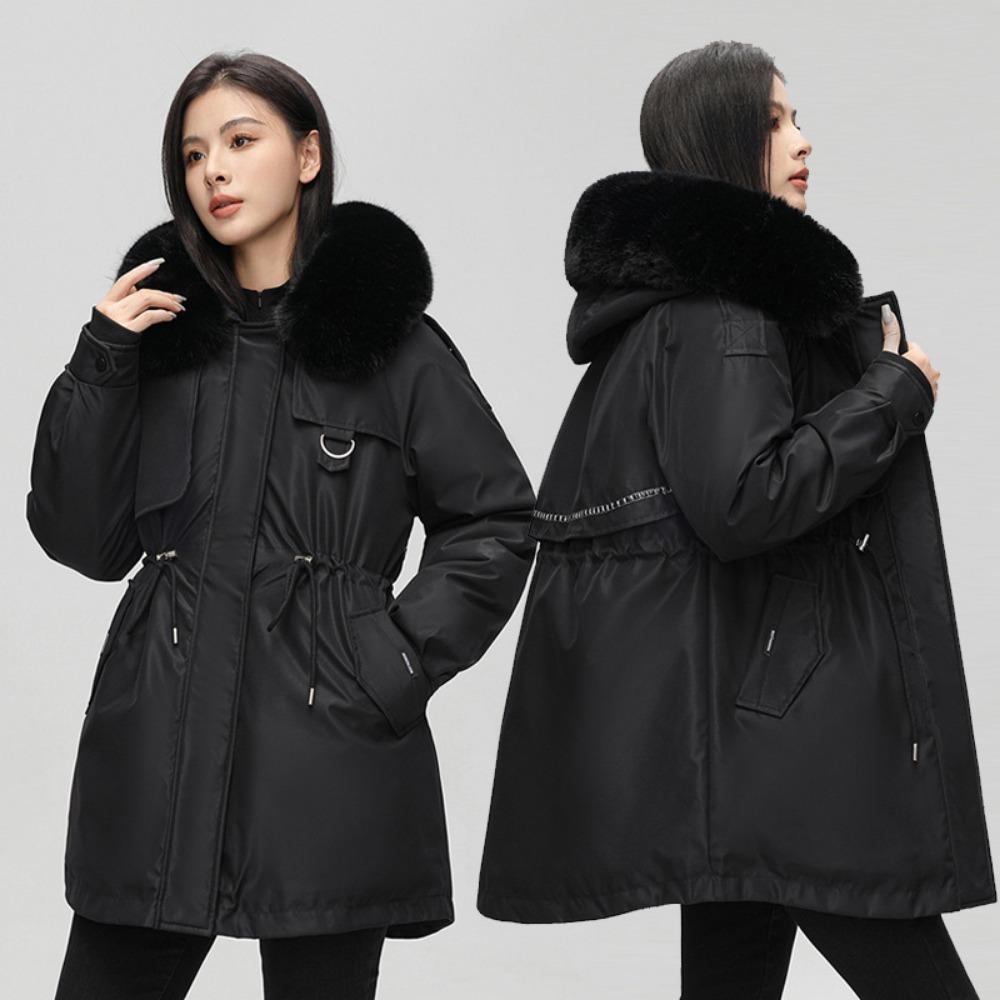 Padded pie overcomes women's winter new Korean version of waist and thin hooded big fur collar cotton clothes medium and long cotton clothes