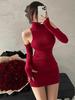 Sommer Sexy High Neck Enges Kleid Oversleeve Plissee Unten Gewickelt Hüfte Kleid Frauen Bodycon