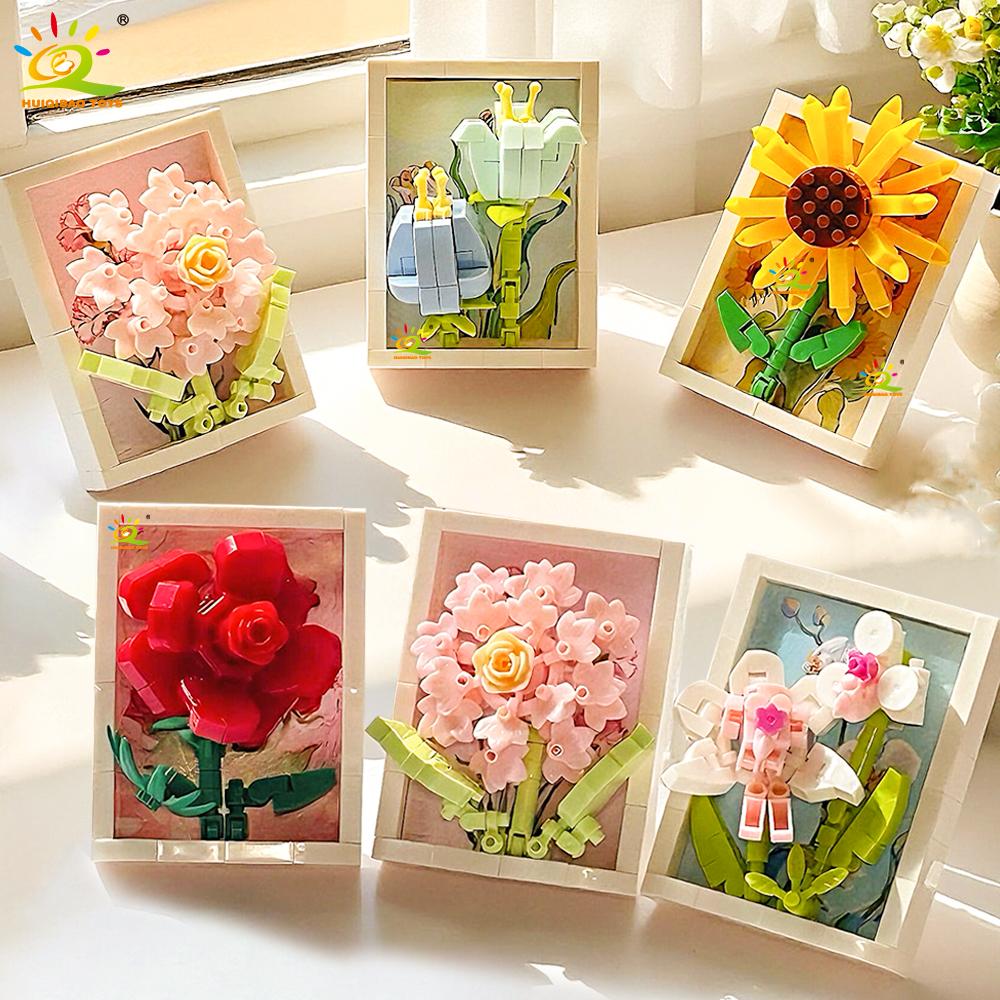 MOC Flower Po Frame Model Micro Building Block Sunflower Rose Mini Diamond Brick Toy for Children Desk Decor.