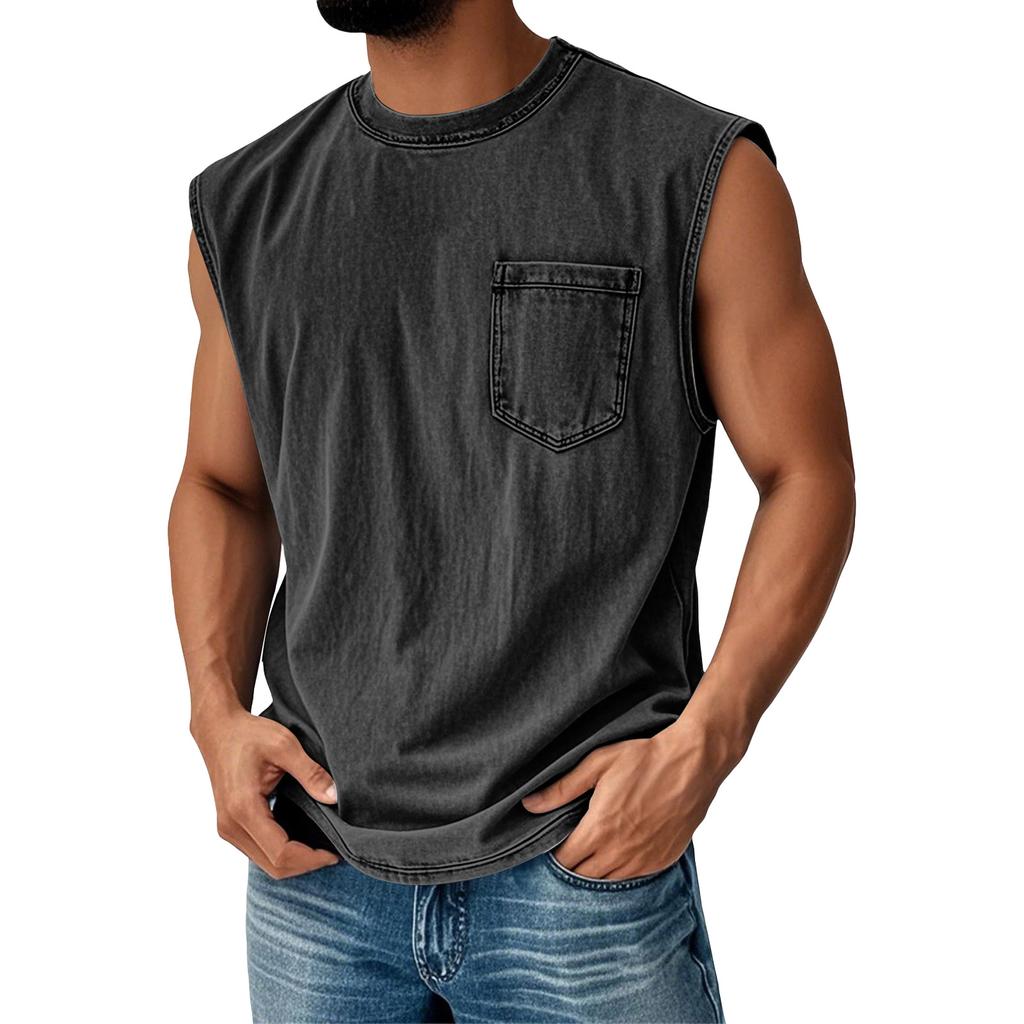 Men Sleeveless Muscle Tank Top Crew Neck Casual Pocket Design Relaxed Fit Vintage Style Shirt for Summer Daily Wear