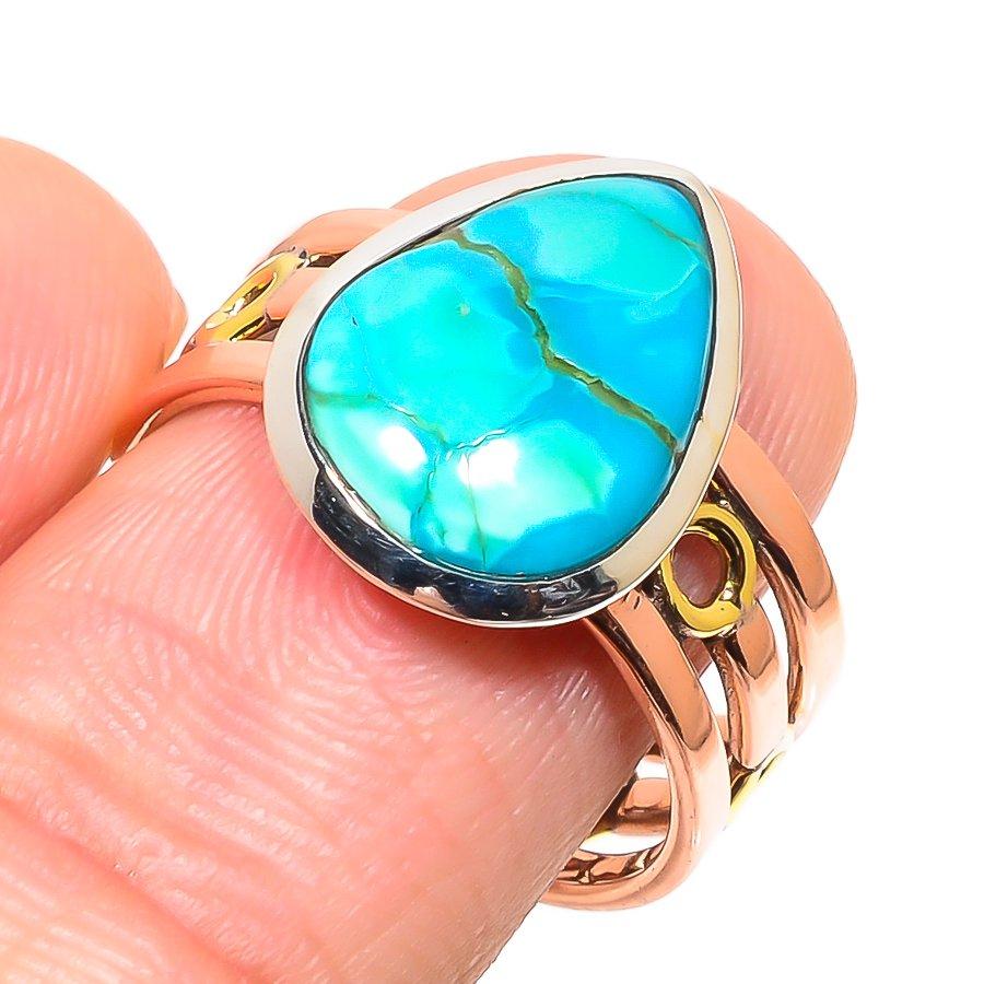 Natural Tibetan Turquoise Two Tone 925 Solid Sterling Silver Gift Ring S.9 r8M86