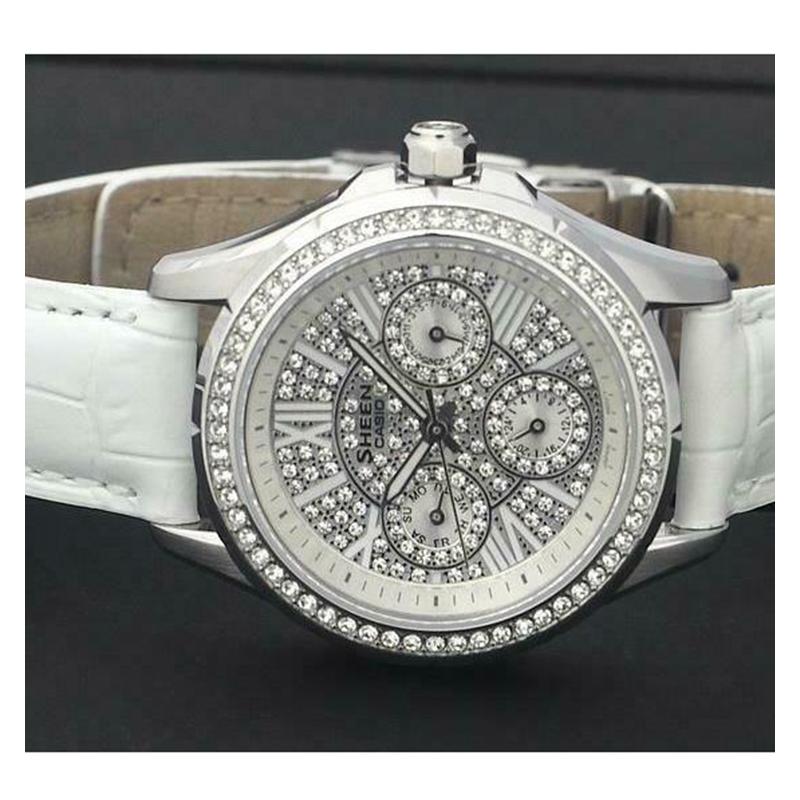 Casio SHEEN Series Three-dial Rhinestone-trimmed Stopwatch Day and Date Display Waterproof Sports Business Quartz Movement Leather Strap SHE-3504L-7AU