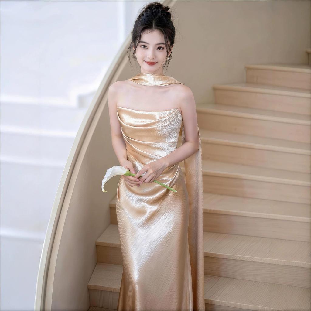 Light gold engagement dress, light luxury bridal toasting clothes, morning gown, female host, coming-of-age temperament, wedding dinner party