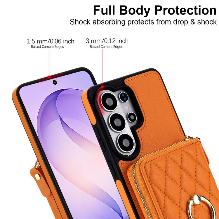 RFID Blocking Crossbody Rhombic Zipper Wallet Shockproof Phone Case With Ring Holder For Galaxy S22 Ultra 5G