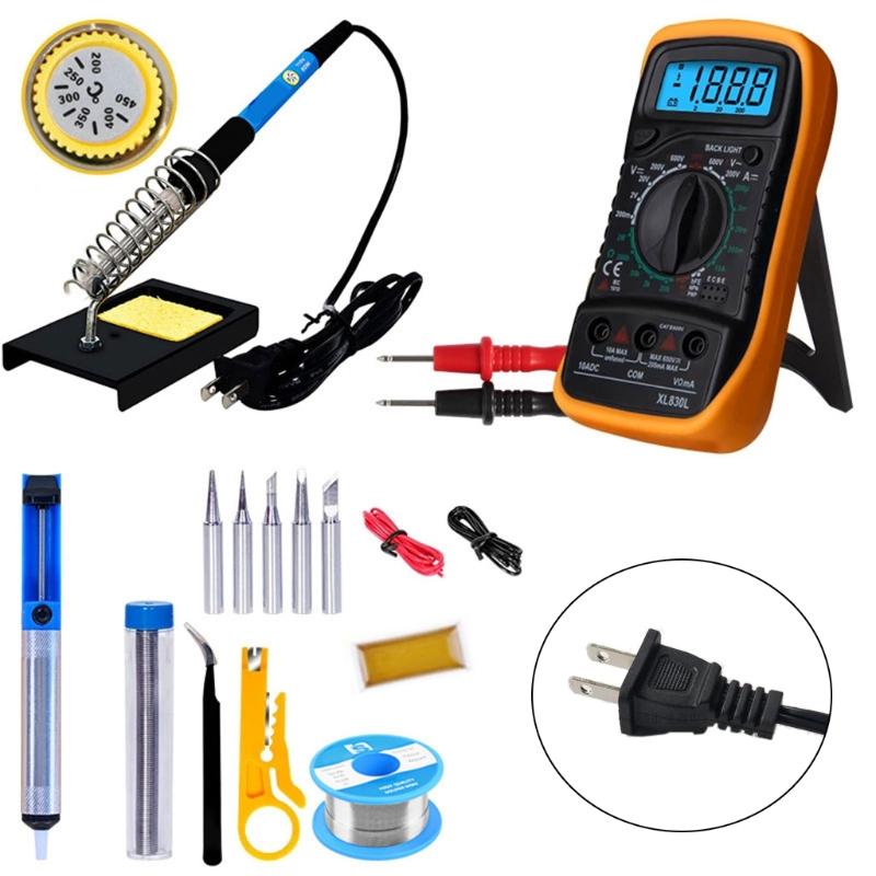 60W Soldering Iron Kit Adjustable Temp Welding Tool Digital Multimeter 5pcs Soldering Iron Tips EU/UK/US Standard