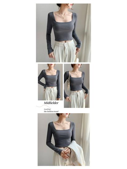 Square-Collar Women's Top: Autumn/Winter, Long Sleeve, Versatile, Cropped, Exposed Midriff, New Style