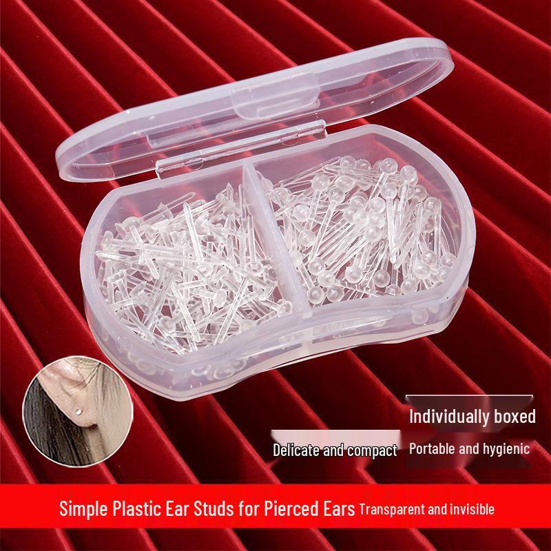 Transparent Ear Piercing Studs with Backs, 2-Compartment Box for Healing Women’s Earrings, Plastic Sticks