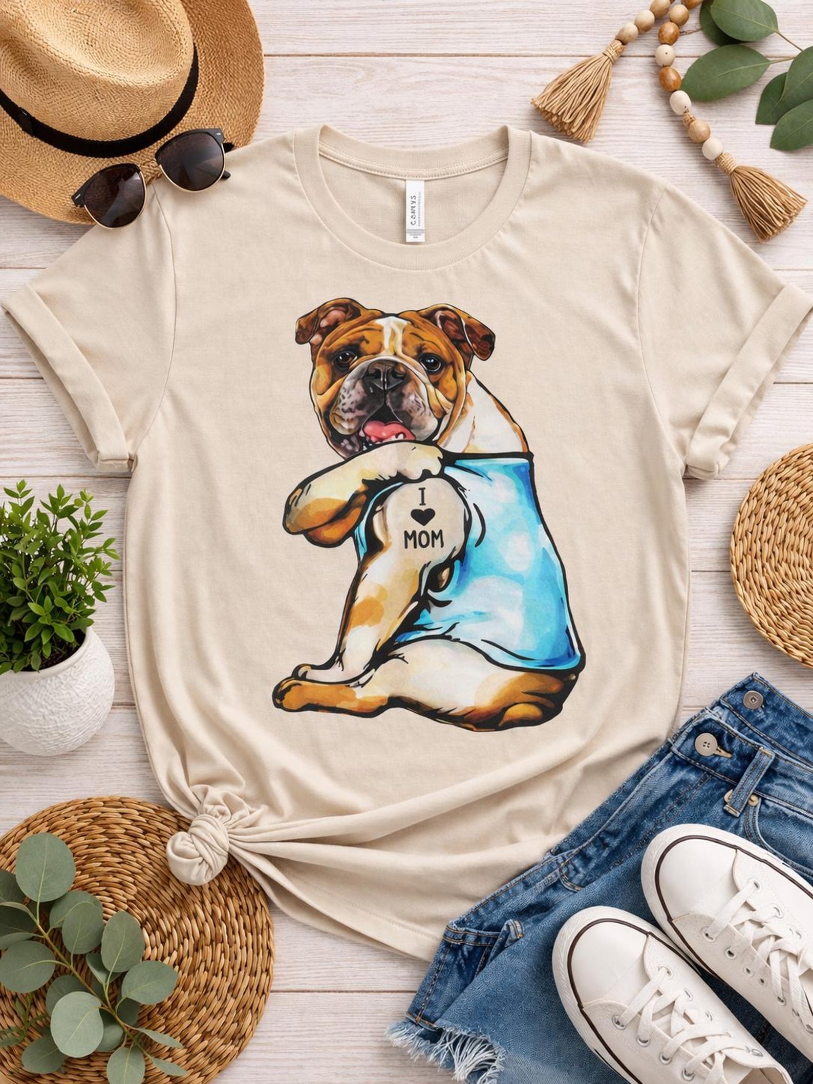 Tattooed Bulldog Mom T-Shirt, Dog Mom Gift from Family, Cute Bulldog Shirt for Mom, Mothers Day Gift Idea, Bulldog Lover Tee, Pet Lover Gift 2XL