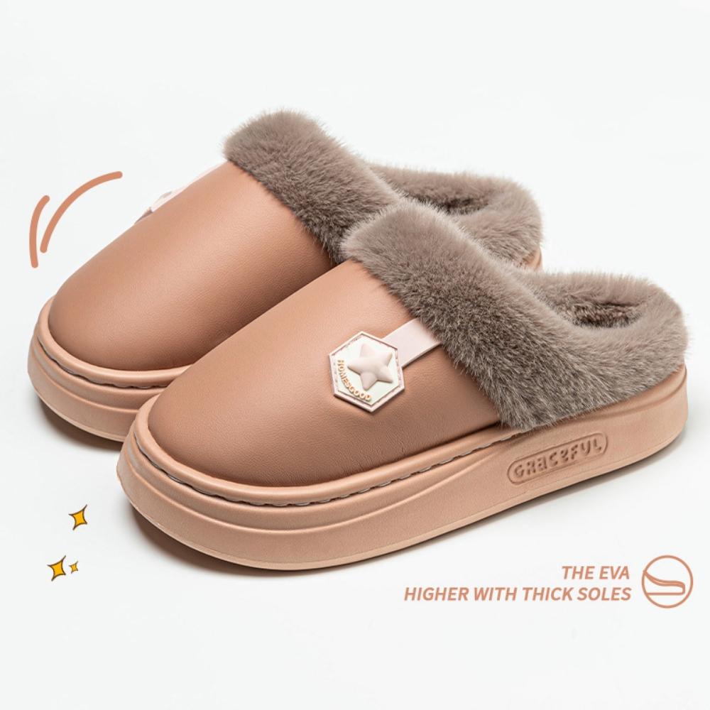 Unisex Closed-Toe House Slippers with Plush Lining, PU Upper, Thick EVA Sole and Slip-On Design for Indoor Winter Wear