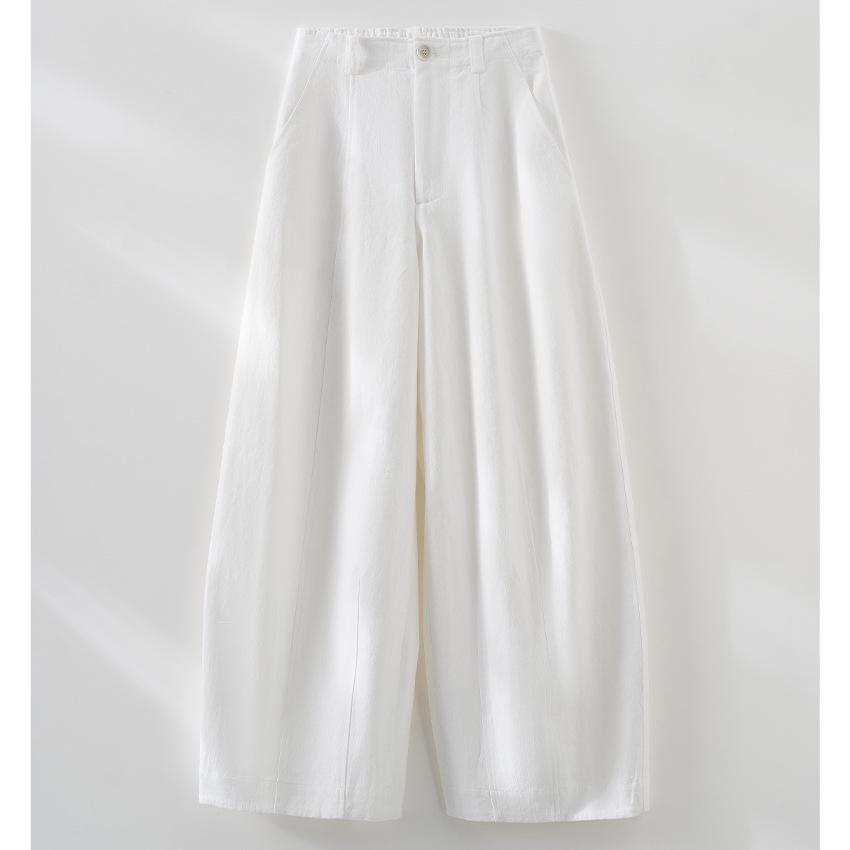 Women s Wide-Leg Linen Pants - Versatile, High-End, Elastic Waist, Breathable, Curved Leg, Loose Fit for Spring & Summer. Medium белый