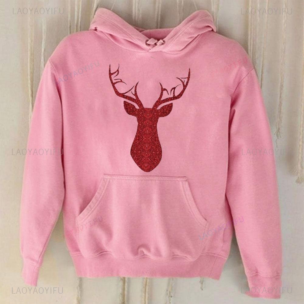 

Christmas Reindeer Hoodie Red Glitter Holiday Sweatshirt Long Sleeve Fit Youth Sports Outdoor Wear Winter Keep Warm Tracksuit 3XL