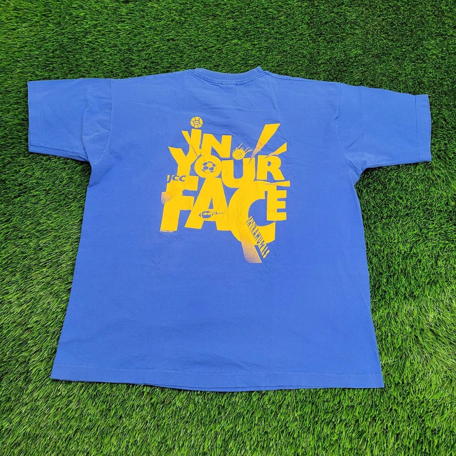 Vintage 90s Fruit-of-The-Loom Shirt XL 23x27 Blue Slogan S