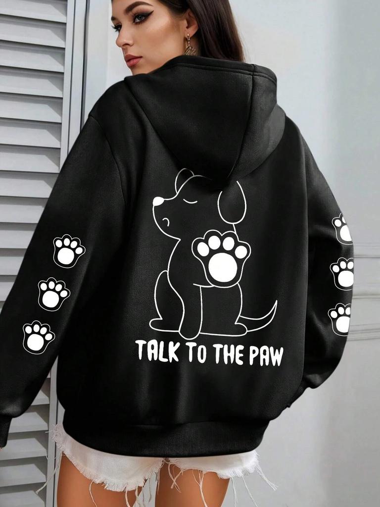 Sprich mit der Pfote Lustiger Hunde-Cartoon-Print Hoodie Damen Herren Warmer Fleece-Hoody Mode Lässig Kapuzenpullover Herbst Locker Rundhals Tops