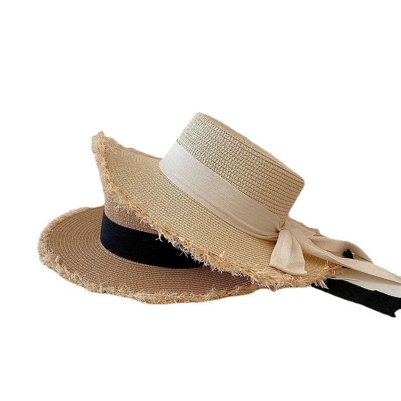 Versatile Burr Straw Hat Women'S Summer Flat Top Travel Sun Hat Small Fresh Bow Sunshade Beach Hat