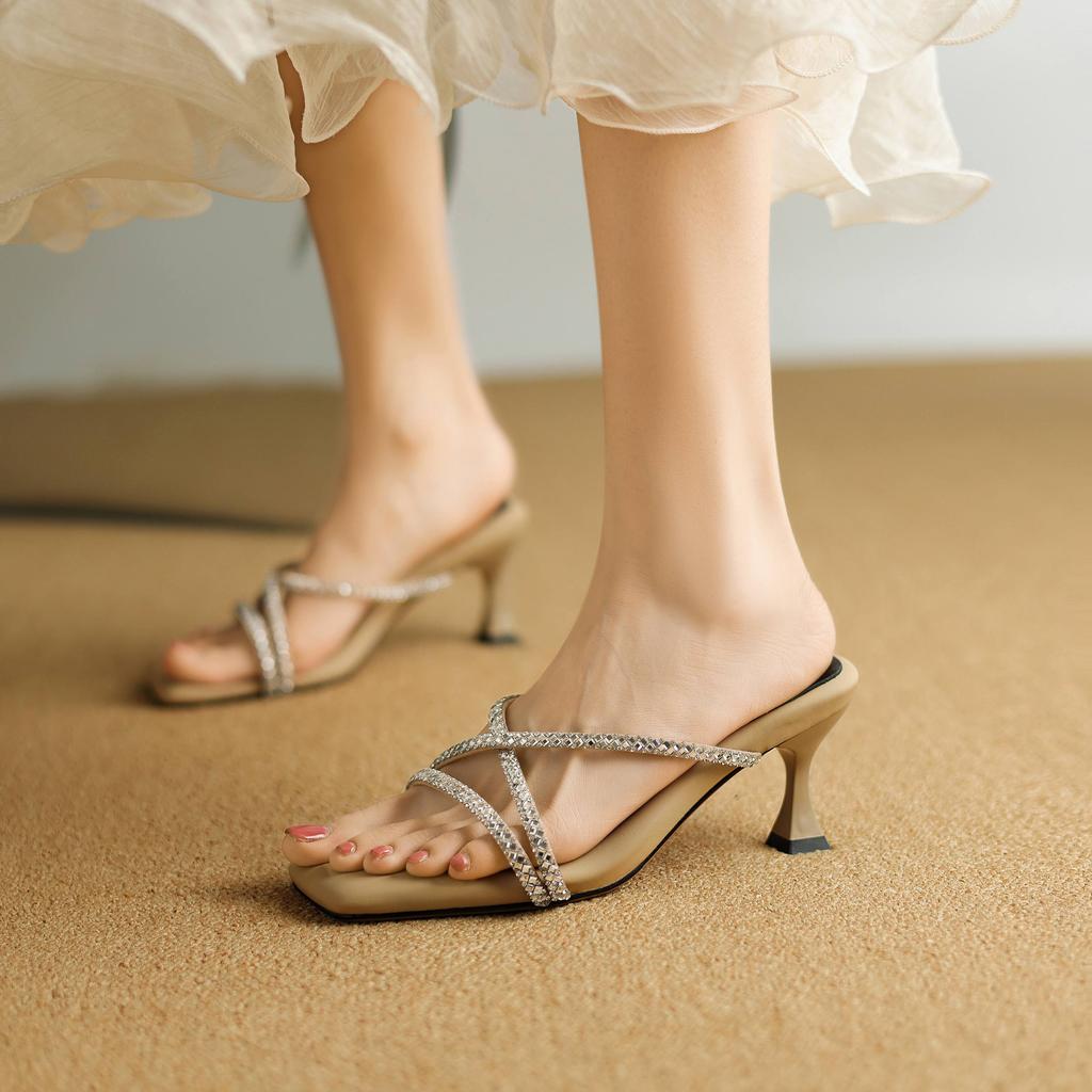 Krazing Pot Mules Microfiber Peep Toe Stiletto Thin High Heels Summer Shoes Size 44 Size 43 Crystal Women Sandals