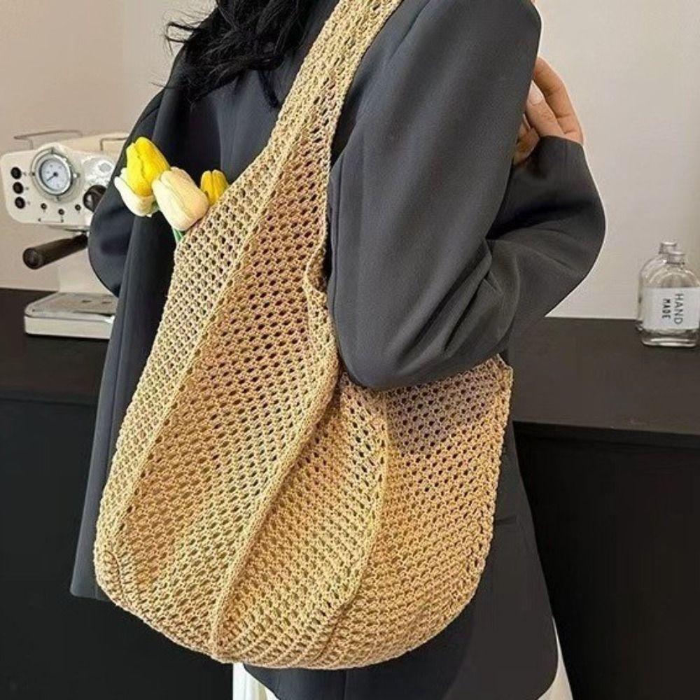 Solid Color Knitting Shoulder Bag Hollow Out Versatile Bohemian Crochet Tote Bag Vintage Elegant Casual Woven Handbag Vacati