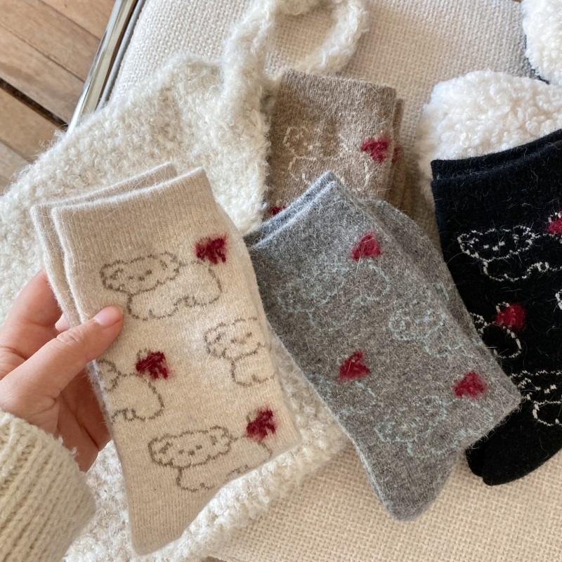 Winter Socks for Girls, Cartoon Puppy Plush Bow Wool Socks, Cute Mid-calf for Girls, Warm Girls