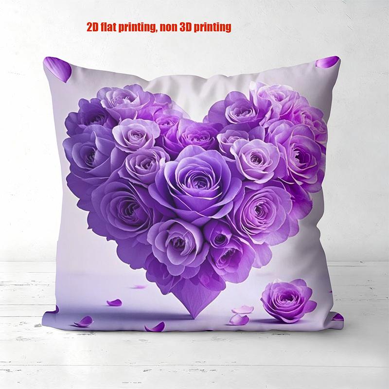 Purple Rose Heart Patterned Cushions 2D Flat Printed Polyester pillowcase, sofa decorative cushion cov Headboard Pillow