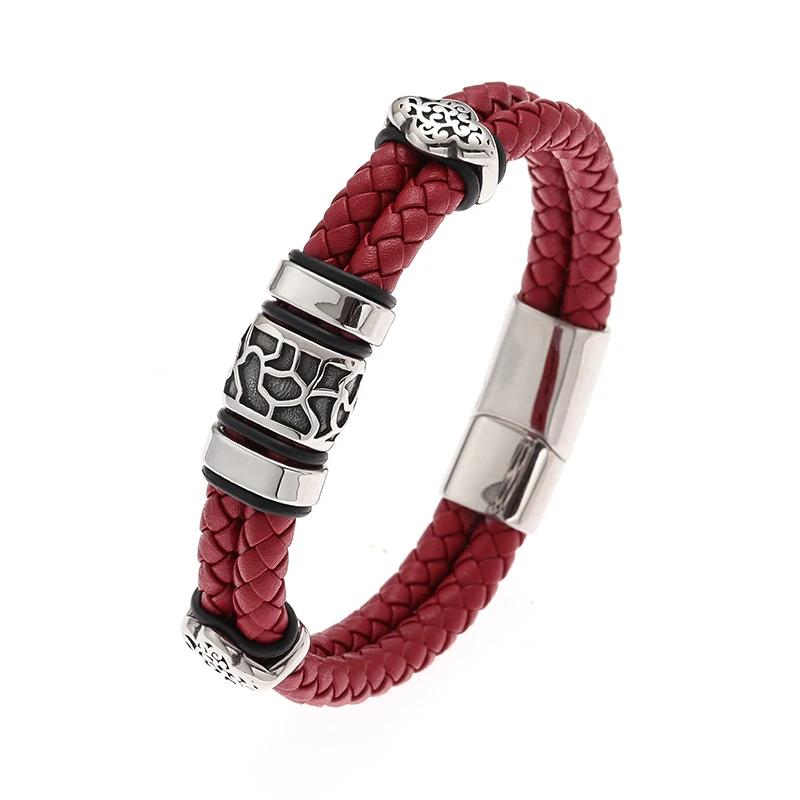 Double Layer Punk Brown Braided Leather Bracelet for Men with Metal Magnetic Clasp Stylish Business Bracelet Jewelry Gift