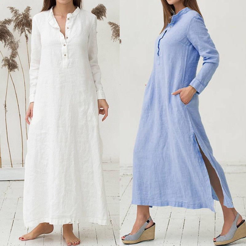 Luksusowy Damski Kaftan Bawełniany Długi Rękaw Gładki Codzienny Oversize Maxi Sukienka Koszulowa