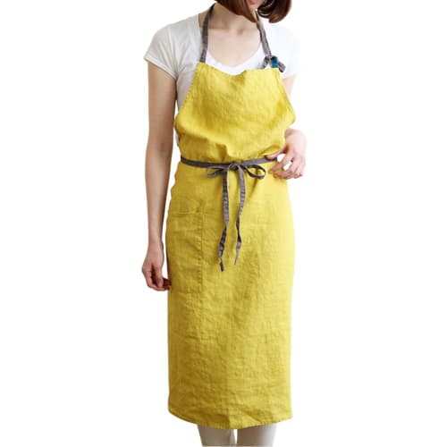 Lino E Lina Full Apron, Manon Mimosa/Blue Pavone, Cute, Simple, Natural, Linen Apron, Free Size