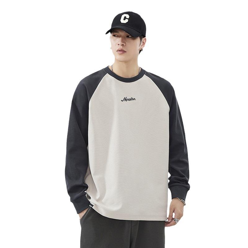 Autumn And Winter Long-Sleeved Sweater Men'S Loose Large-Size Bottoming Shirt With Splicing Crew Neck Clothes Top Trendy Brand