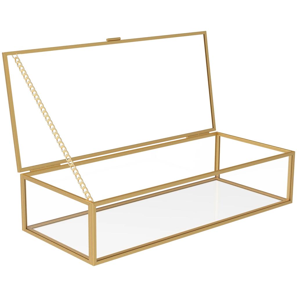 Glass Jewelry Box Vintage Jewelry Organizer Box with Hinged Lid and Mirrored Bottom Transparent Desktop Decorative Golden