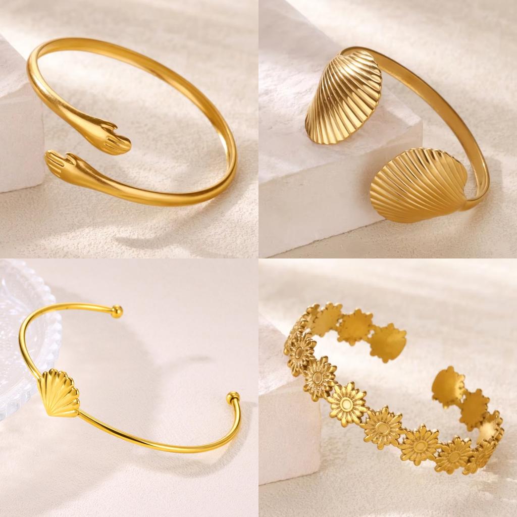 Hugging Stainless Steel Bracelet For Women Gold Color Shell Summer Waterproof Cuff Bangles Bracelets Flower Jewelry Accessories