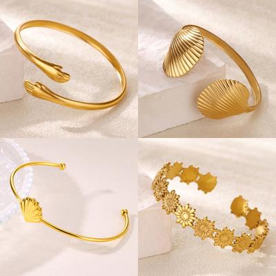 Hugging Stainless Steel Bracelet For Women Gold Color Shell Summer Waterproof Cuff Bangles Bracelets Flower Jewelry Accessories