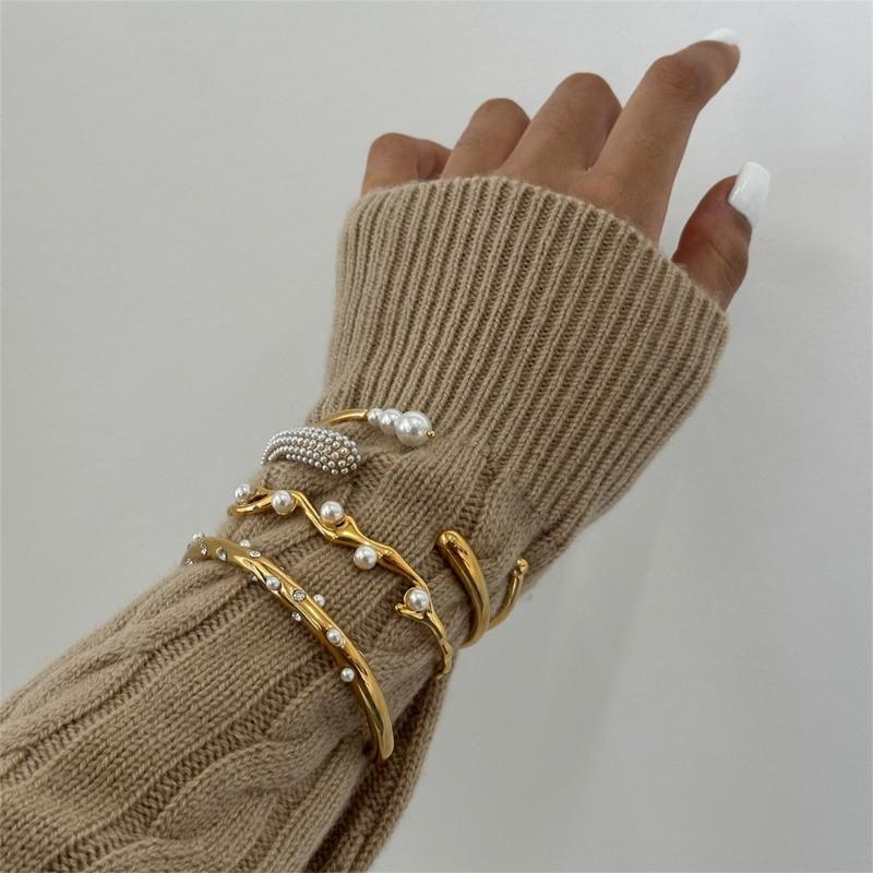 Minimalists Pearls Accent Stainless Steel Adjustable Bangle for Everyday or Evening Wear