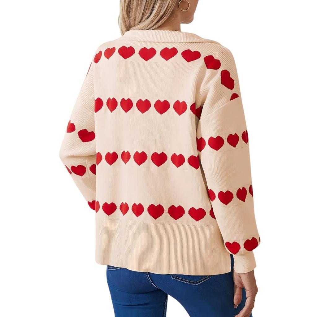 Women's Fashion Zipper Lapel Heart Contrast Color Long Sleeve Pullover Top