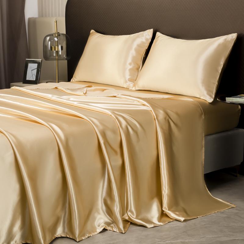 Satin-Feel Solid Color Four-Piece Bedding Set: Bed Sheet, Fitted Sheet, and Pillowcases (European & American Style)