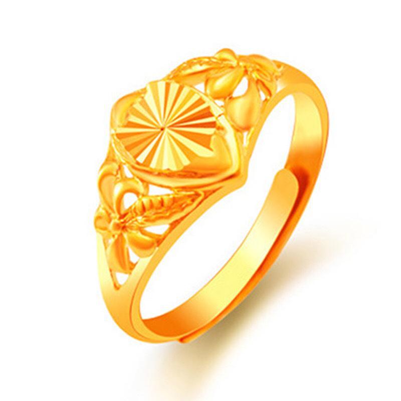 Gilded Brass Adjustable Heart Floral Ring for Women - Imitation Gold