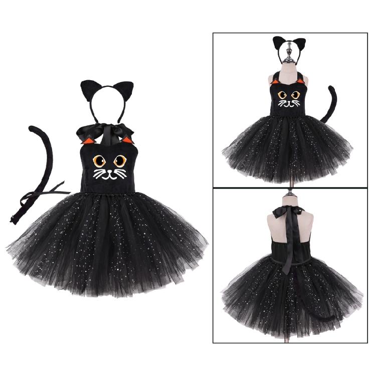 Kids Animal Costume Cats Ears Headband Tutus Dress Set Cats Costumes Accessories for Halloween Party Decors