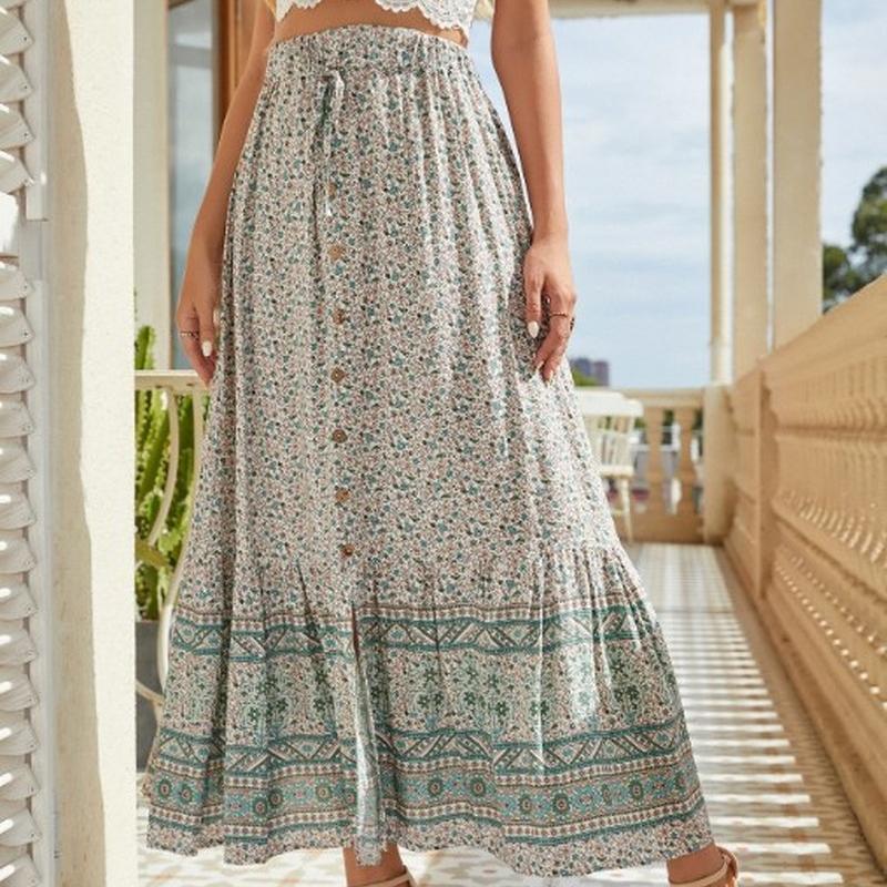 Ladies Fashion Bohemian Floral Split Pastoral Retro Vacation Swing Skirt