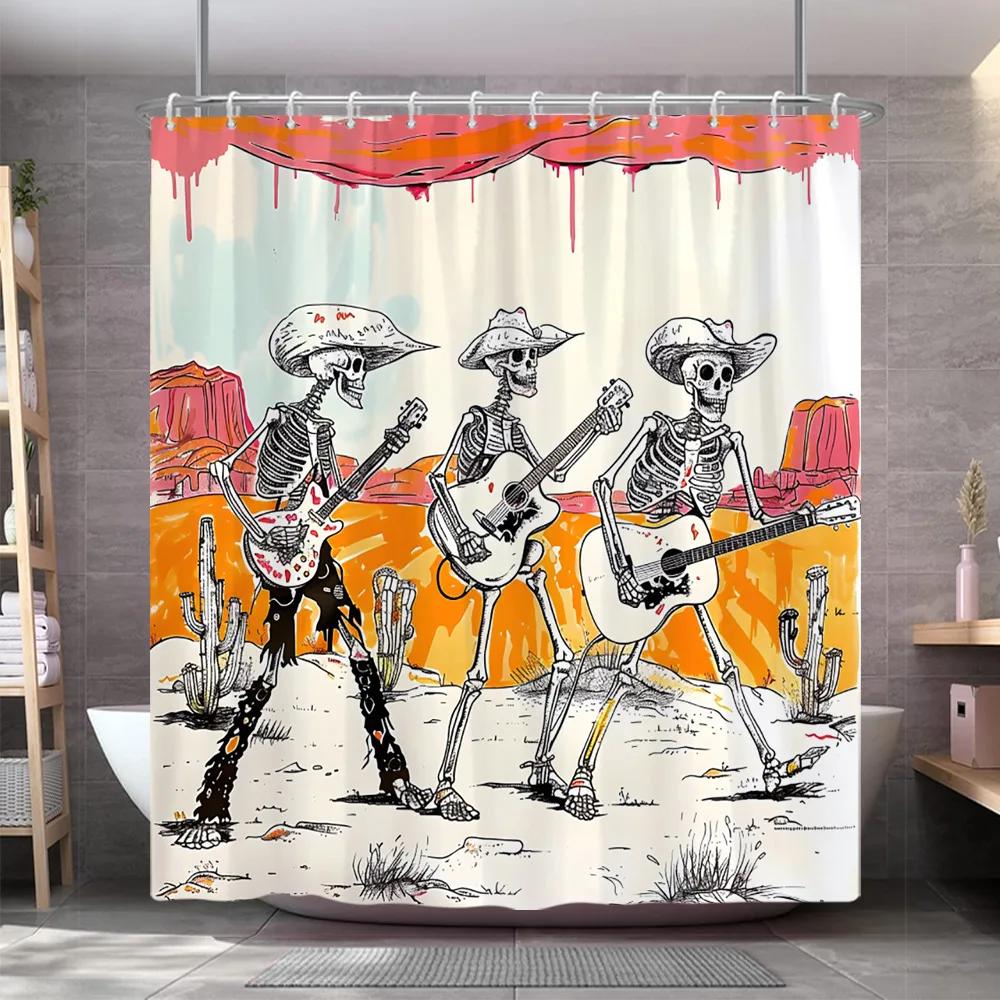 Vintage Western Schädel Gitarre Duschvorhang Lustiger Skelett Cowboy Howdy Gotisch Wilde Natur Wüste Duschvorhang Badezimmer Dekor