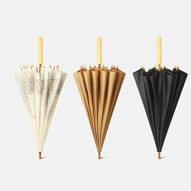 Artistic Retro Wooden Handle Straight Umbrella, Long Handle Umbrella for Both Rain and Sun, Advertising Umbrella with Logo Customization , In-Stock