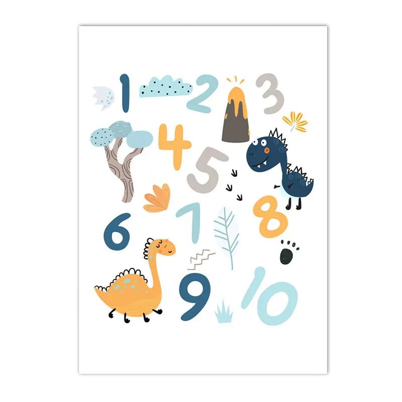 Alphabet and Number Wall Poster for Boys, Custom Name Canvas Painting, Colorful Dinosaur Print, Nursery Wall Art Picture, Kids R